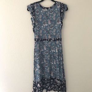 LOFT A-Line Midi Blue Floral Ruffle Sleeve Dress